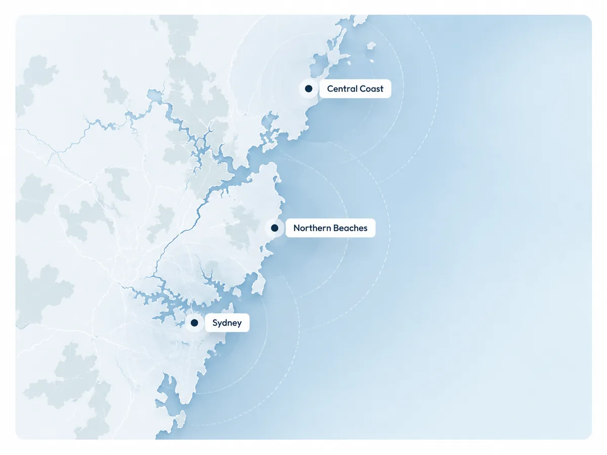 Service area coverage map showing Sydney, Northern Beaches and Central Coast